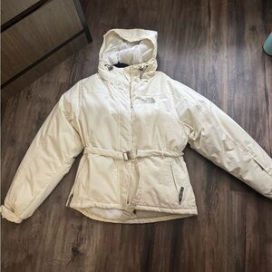 The North Face Women's Cream Hooded Belted Puffer Jacket